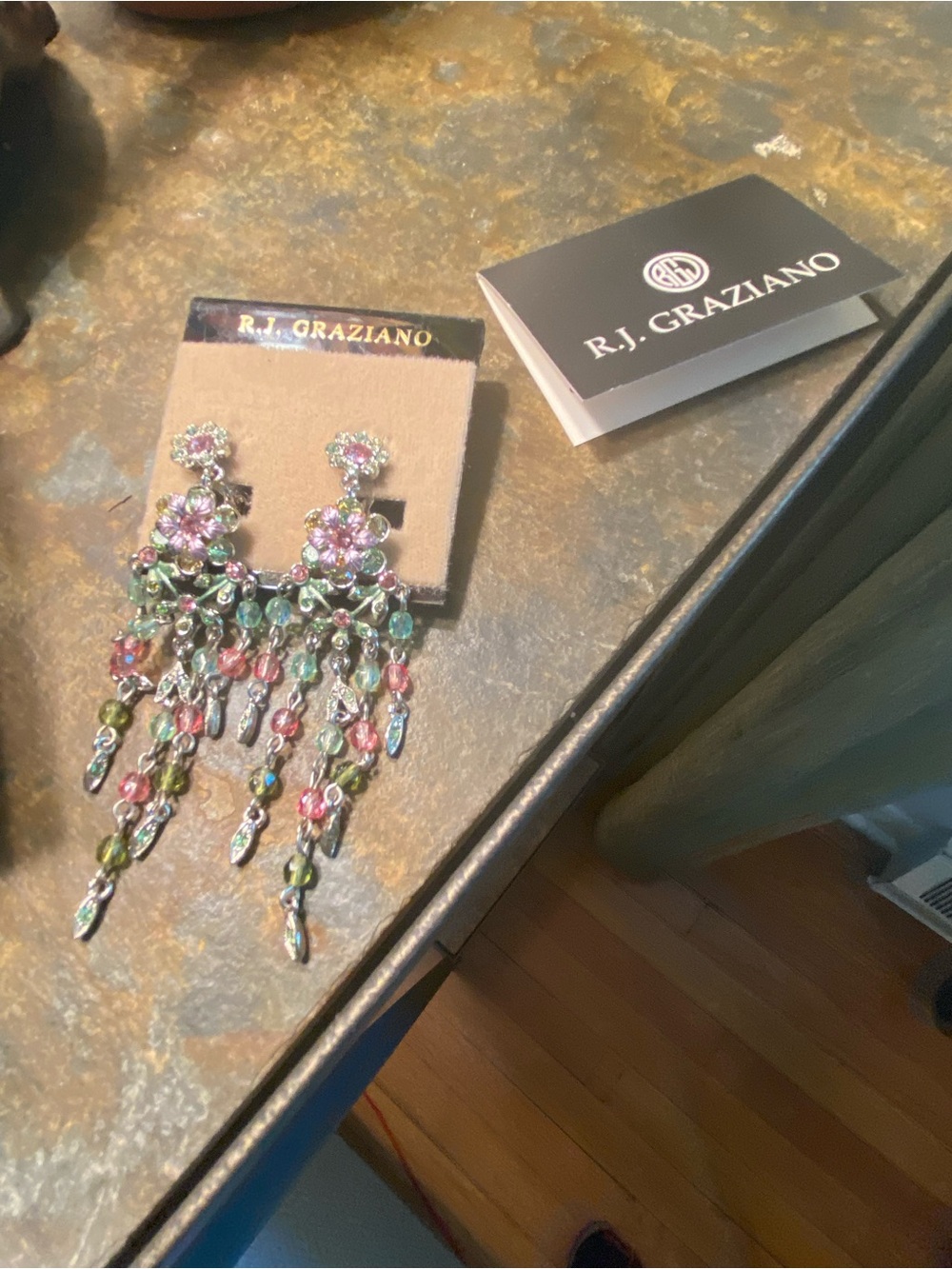 R.J. Graziano Pink & Green Floral Crystal Chandelier Clip on Earrings